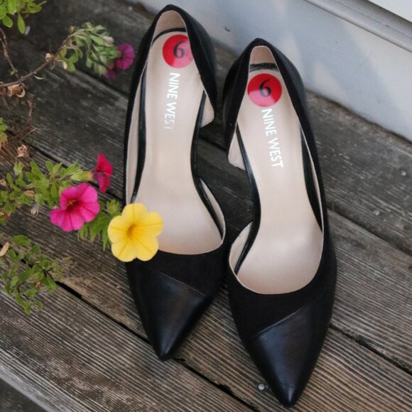 Nine West Black Leather Suede Pointy Toe Pump Heels Sz 6 - Picture 2 of 8